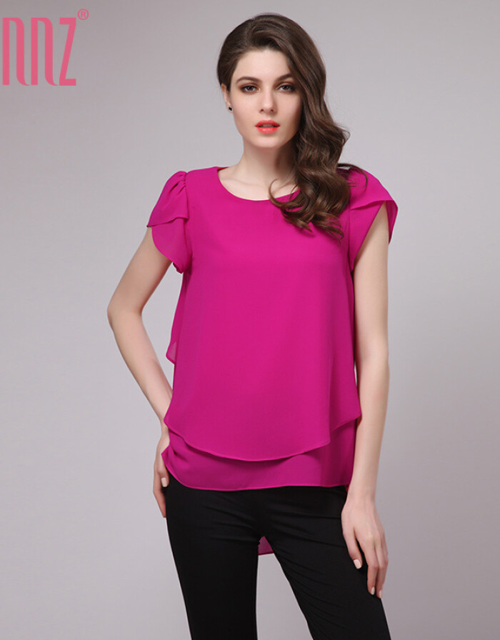 HUNNZ 2016新款时尚夏季专柜产品泡袖气质大码宽松短袖雪纺衫短款打底衫衬衫 粉色 M